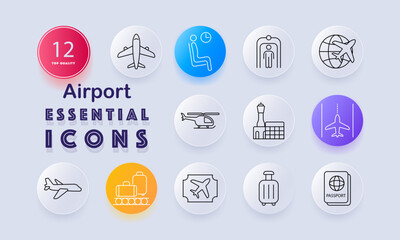 Airport set icon. Airplane, waiting seat, metal detector, globe with plane, helicopter, control tower, runway, luggage, boarding pass, passport shown in travel outline style.