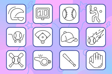 Baseball set icon. Helmet, scoreboard, field, bat, glove, cap, whistle, ball, swing, double bat, fast pitch. Game, sport, team, equipment.