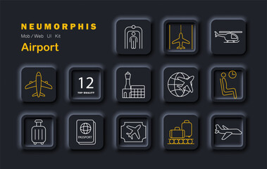 Airport set icon. Displays airplane, passport, ticket, luggage, metal detector, tower, globe route, helicopter, waiting seat, boarding gate, baggage conveyor