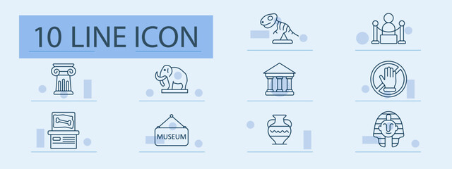 Museum set icon. Column, mammoth, dinosaur, building, pottery, sarcophagus, fossil, exhibit, ticket, statue, history, culture, sculpture, artifact, relic, tour, archaeology, heritage