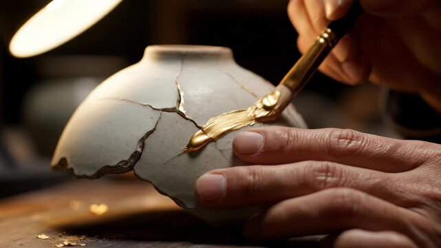 Hands delicately embrace a fractured ceramic vase while applying gold-lacquer to the cracks, symbolizing resilience and the artistry of kintsugi, illuminated by soft, warm lighting.