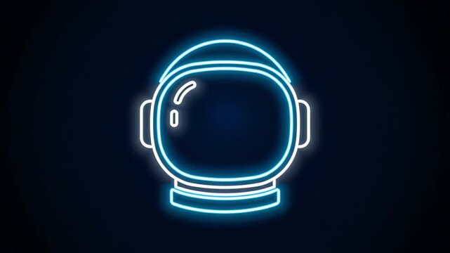Astronaut helmet glowing neon blue in dark space environment viewed from front
