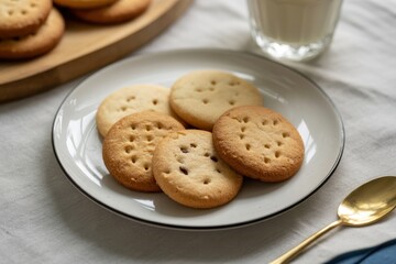 Plate with assorted round cookies in light and golden brown tones on a fabric tablecloth, with a glass of milk and a spoon nearby, illuminated by soft natural light.
