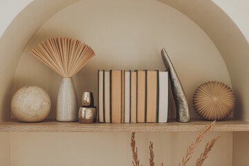 Decorative shelf niche with neutral-toned books, ceramic vases, sculptural objects, and dried elements arranged on a wooden shelf within an arched wall, lit by soft natural light.