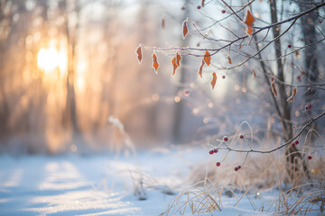 Snow-covered forest at sunrise with frosted branches, dry leaves, soft light, calm winter concept, natural outdoor photography style