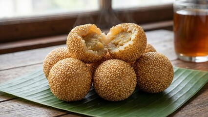Delicious Onde-Onde, a traditional Indonesian snack, served on a banana leaf with a glass of tea in the background.