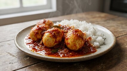 Delicious Spicy Egg Curry with Steamed Rice on a Wooden Table.