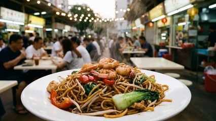 Delicious stir-fried noodles with shrimp and vegetables served at a vibrant outdoor night market.