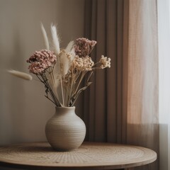 Ceramic vase with dried flowers placed on a round wooden table near a window with curtains, illuminated by soft natural daylight against a neutral wall.