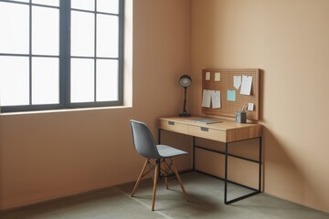 Minimal home workspace with a wooden desk, chair, cork board, desk lamp, and laptop near a window, set against beige walls with soft natural light and an empty wall area.