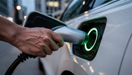 Close-Up of Hand Plugging Charging Cable into Electric Car at Public Station. Represents green energy, electric vehicle infrastructure, and sustainable transport.