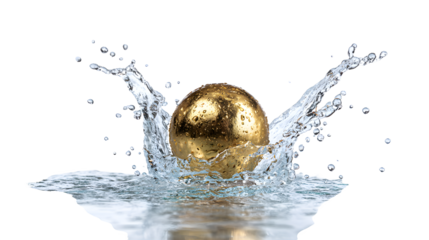 A smooth gold sphere floating in a splash of clear water on a white background with droplets flying around it with luxury and wealth and success