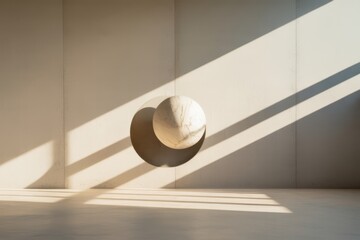 Minimal scene with a light marble sphere positioned against a beige wall, casting a soft circular shadow, illuminated by natural daylight with diagonal light and shadow patterns.