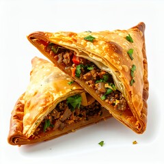 Golden crispy empanadas filled with savory meat filling on a white background