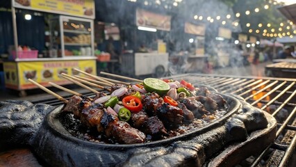 Delicious Sate Ayam Skewers Grilling Over Charcoal with Smoke and Fresh Toppings at a Vibrant Night Market.