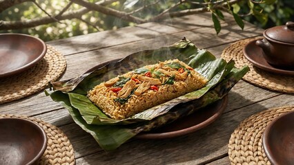 Delicious Traditional Indonesian Pepes Ikan Wrapped in Banana Leaf Served on Rustic Wooden Table.