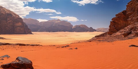 Vast desert scene under clear sky with rugged red cliffs in the distance.