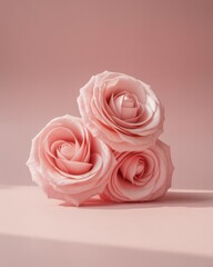 Three pale pink roses arranged together on a smooth pink surface with soft light, minimal composition, and a large uniform background area.