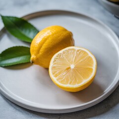 Whole lemon and lemon half on a white ceramic plate with green leaves, placed on a gray stone surface under soft natural light.