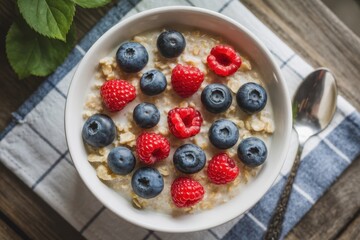 Top view of a white bowl with oatmeal topped with blueberries and raspberries, placed on a wooden table with a spoon and cloth napkin under soft natural light.