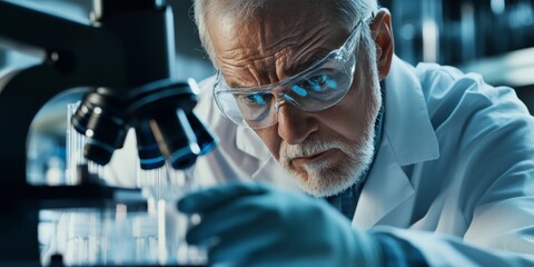 Close-up of an older man with glasses examining samples under a microscope.