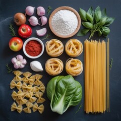 Flat lay of dry pasta varieties with tomatoes, garlic, onion, basil leaves, flour, and spices arranged on a dark textured surface.