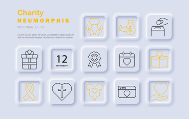 Charity set icon. Icon pack contains ribbon, gift, hand, heart, coin drop, badge, cross, baby suit, calendar, donation box, web page, and hands holding a symbol.