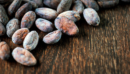 Cocoa beans, Close-up of organic cacao bean or dried cocoa beans on brown background
