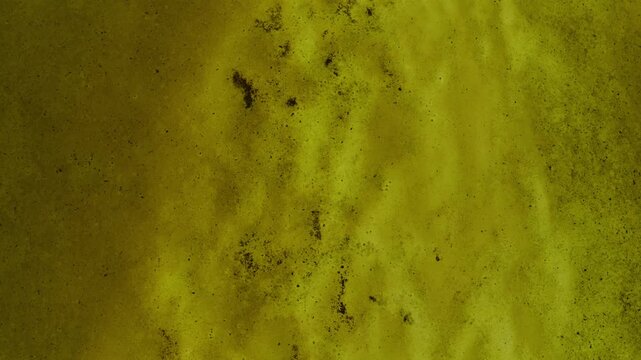 Murky water surface scattered with dark sediment particles and organic debris creating an uneven texture in a natural environment.