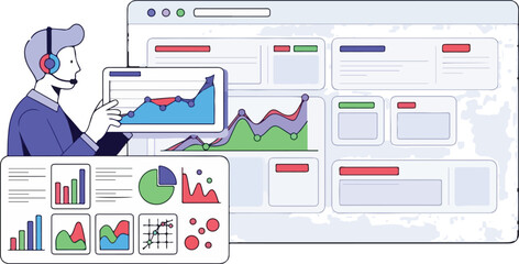 Man with headset analyzing data on multiple screens with charts and graphs.