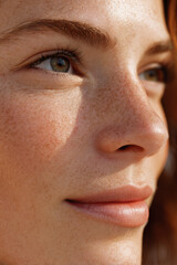 Fototapeta premium Close-up of a freckled woman's face highlighting her natural beauty.
