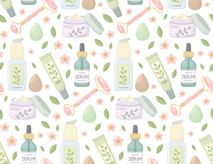 Seamless pattern of skincare products, beauty tools, flowers and leaves. Background with cream jars, serum bottles, cleansing foam, sponges and a facial massage roller