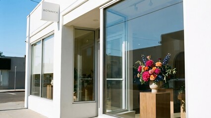 Modern Building Exterior with Large Glass Windows and Floral Display.