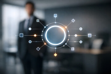 Businessman in front of abstract network visualization