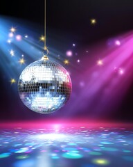 Fototapeta premium Disco Ball's Glittering Reverie: Suspended in a darkened room, a disco ball's mirrored surface reflects a cascade of dazzling lights, casting a spell of retro-cool.