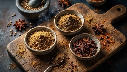 Aromatic Spices and Herbs in Bowls on a Rustic Wooden Cutting Board.