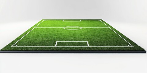 3D rendering of a soccer field on white background. Futuristic design with minimal grass coverage. Perfect for sports marketing or virtual gaming visuals.