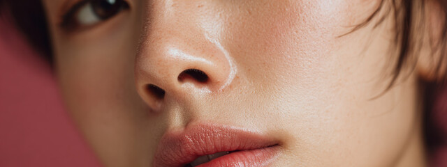 Close up of human face features, focusing on nose, lips and skin detail.