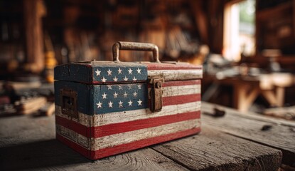 Vintage American Flag Wooden Toolbox on Rustic Wooden Table in Workshop