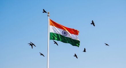 Indian National Flag Waving on Flagpole with Flying Birds Against Blue Sky