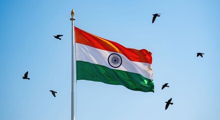 Indian National Flag Waving on Flagpole with Flying Birds Against Blue Sky