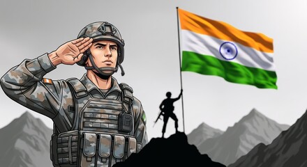 Indian Soldier Saluting with National Flag on Mountain Peak Republic Day Patriotic Illustration