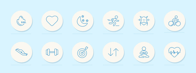 Health activity set icon. Calorie, heart, moon, run, waist, bike, shoe, dumbbell, target, arrows, yoga, pulse. Fitness, wellness, sleep, workout, shape, energy, muscle, tracking, lifestyle.