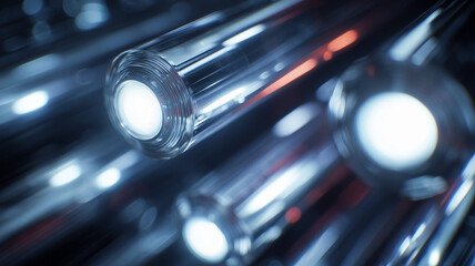 Abstract futuristic glass tubes with glowing light inside, close-up macro view, high-tech background, innovation and science concept, blue tones, shallow depth of field