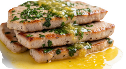 Stacked grilled tuna steaks with green herb sauce and yellow butter sauce on black background grilled fish