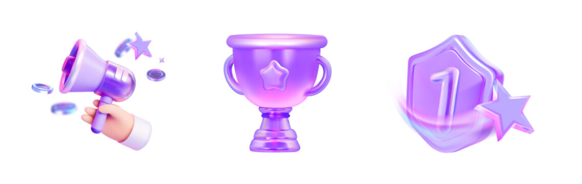 Vector icon set: 3D holographic notification icons for first win, including trophy, cup, badge with number 1, megaphone with stars and coins, modern gradient style