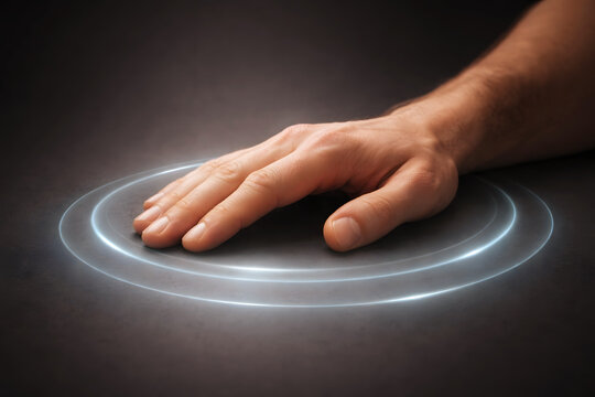 Hand touching a glowing circular energy field image - Powered by Adobe