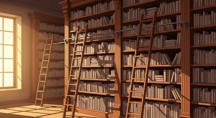 Obraz premium A grand library interior with towering wooden bookshelves filled with countless books, illuminated by warm sunlight streaming through a large window, featuring multiple rolling ladders for access.