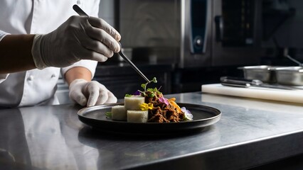 Professional chef carefully garnishes a gourmet dish in a modern restaurant kitchen, showcasing culinary artistry and precision in food preparation.