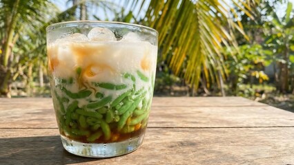 Refreshing Es Cendol - Traditional Indonesian Dessert Drink with Coconut Milk and Palm Sugar.